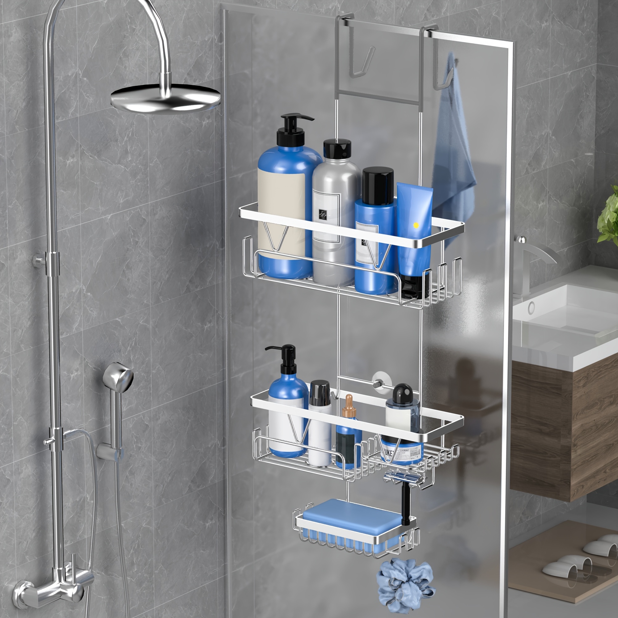 Double-Layer Stainless Steel Shower Caddy with Soap Dish &amp; Towel Hook - *, Wall-Mounted Bathroom Organizer for Essentials