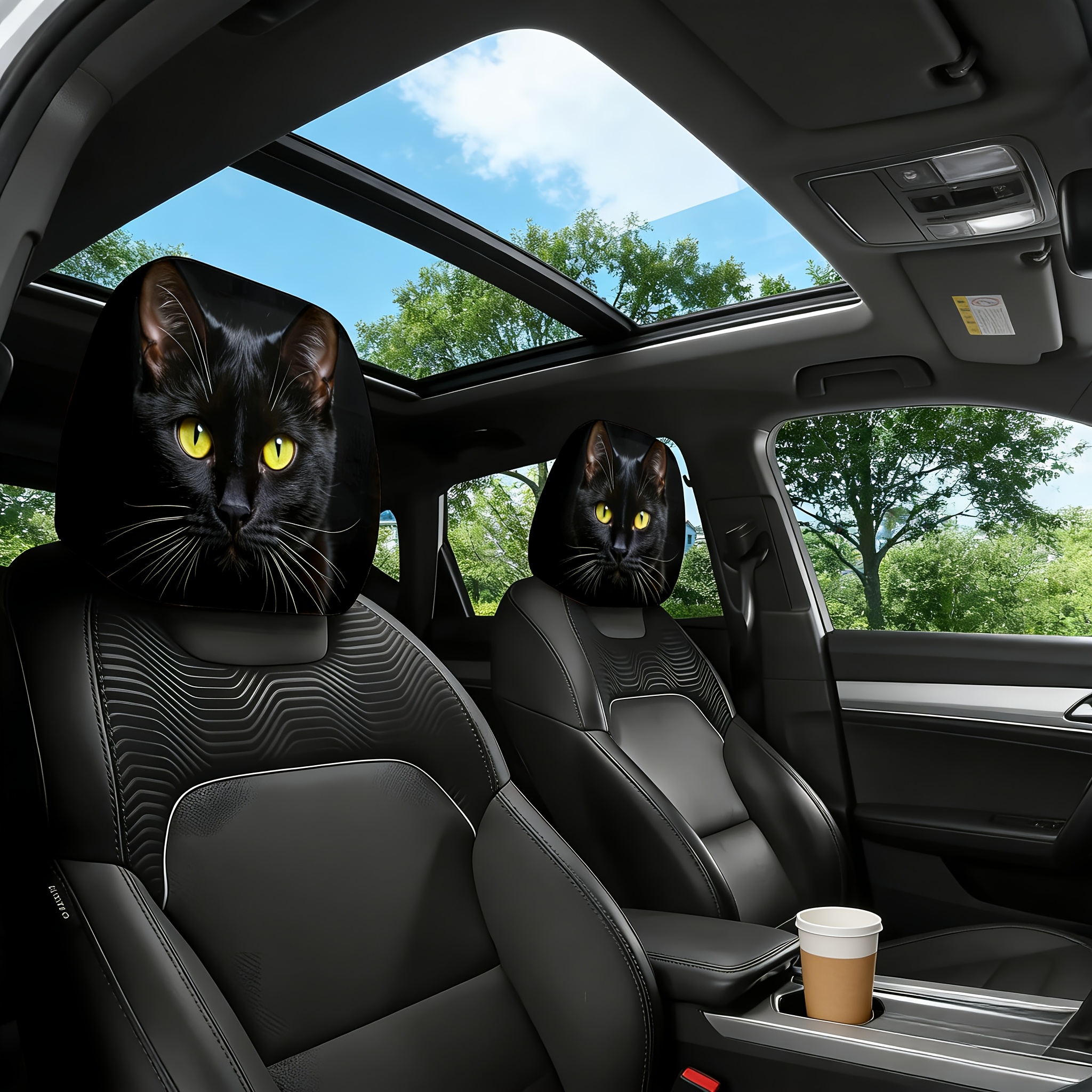 TEMU 2pcs - Black Cat Gaze Printed Car Headrest Cover, Cool Seat Accessory Protective Cover, No Filling, Convenient And Easy To Clean, Suitable For