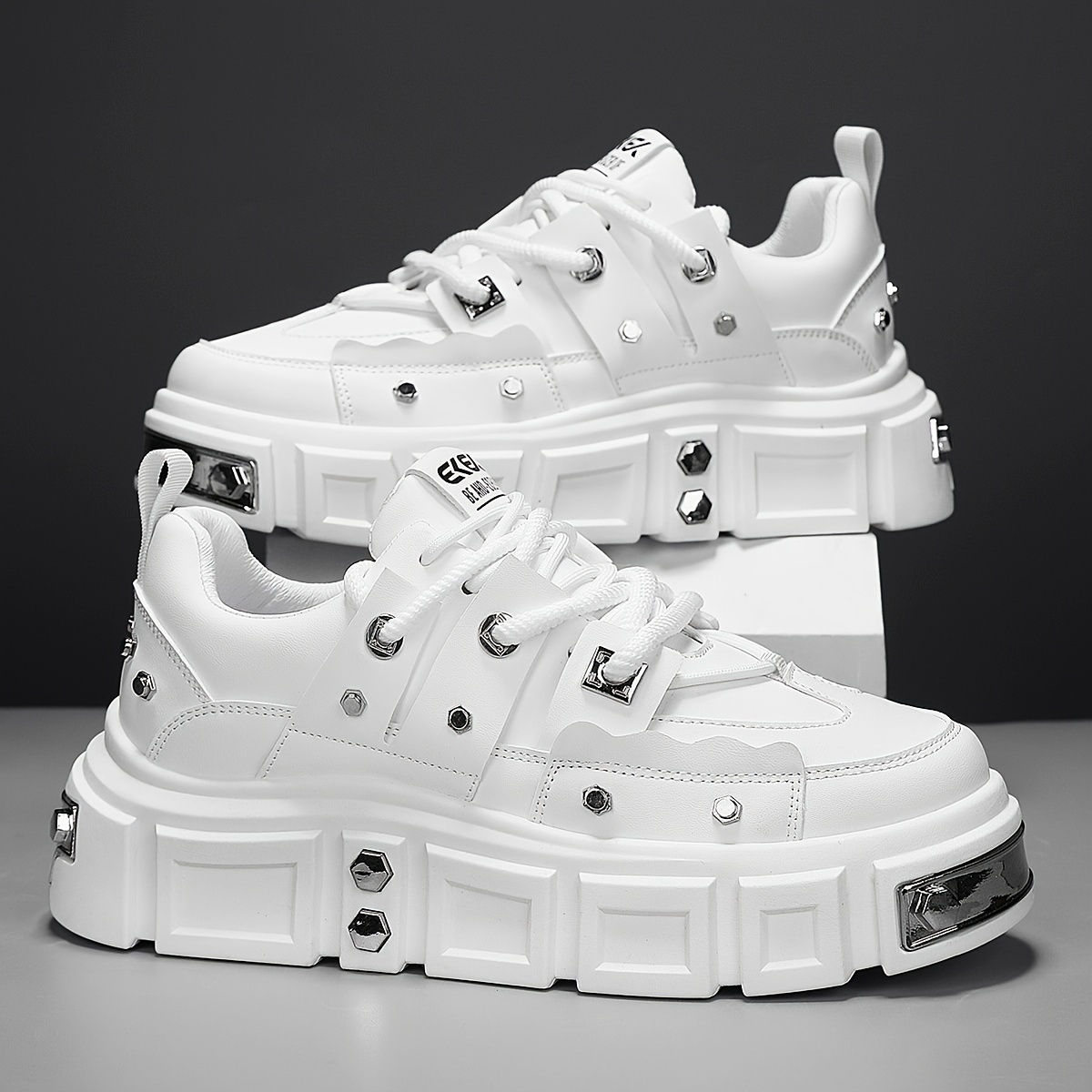 

Chunky Sneakers: Punk-inspired Metal Stud Accents | Streetwear Fashion | Unisex White - Trainers | Skateboarding, Parties & Wear