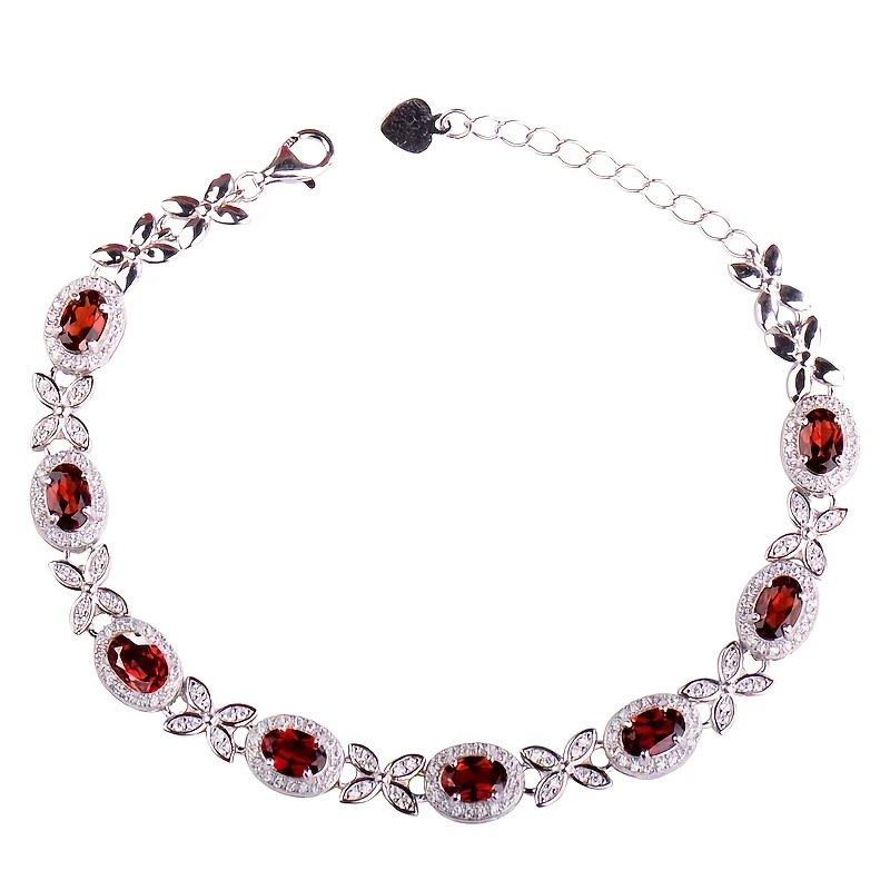 TEMU 925 Silver Inlaid 4 * 6 Natural Garnet Bracelet For Men And Women, Fashionable -border Hot-selling Single Product, A Must-have Gift For Her/