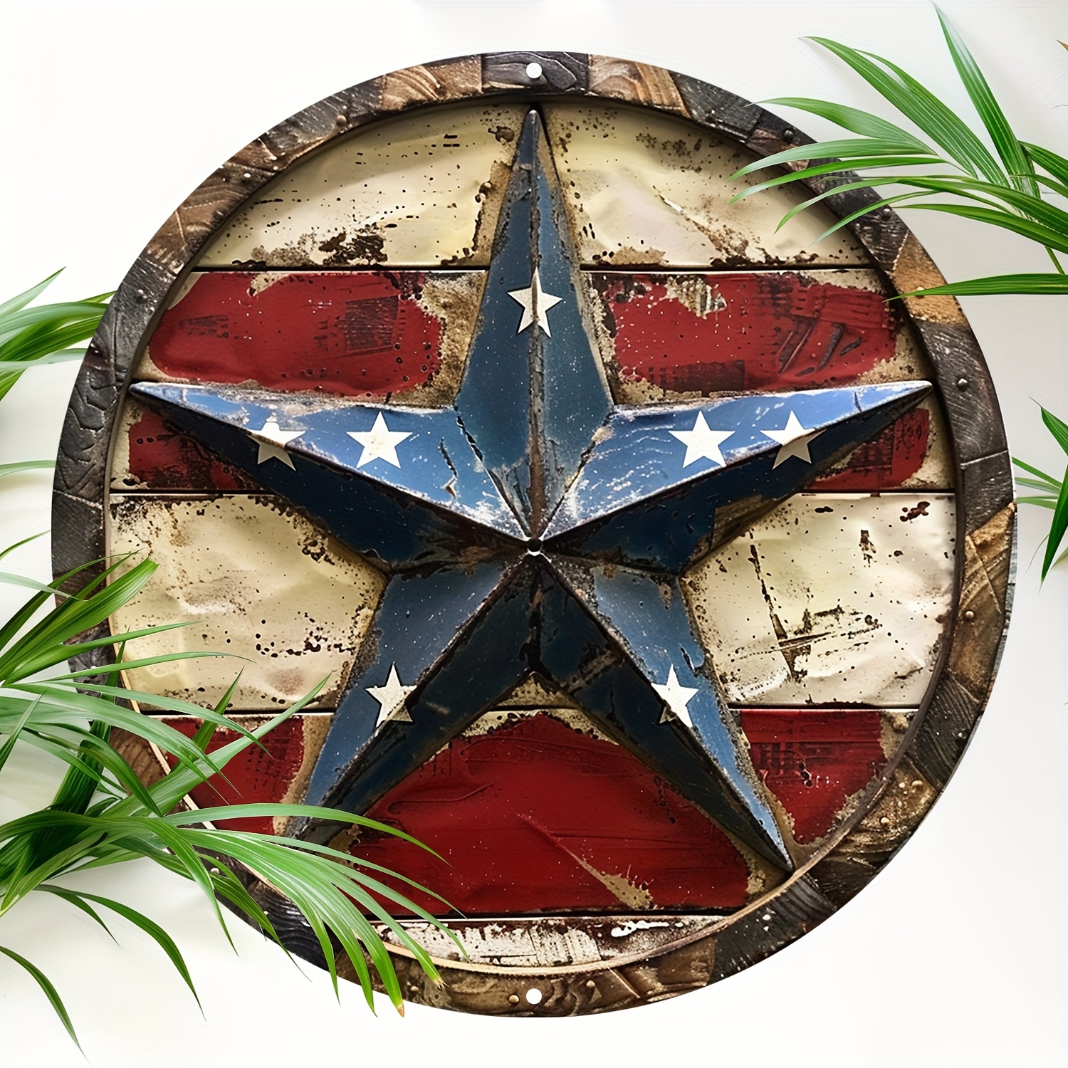 

Rustic Patriotic Star Aluminum Sign - Uv Resistant Outdoor Metal Wall Art, Pre-drilled Easy Hang - 1pc 8" Round Decor For Home, Garden, Cafe