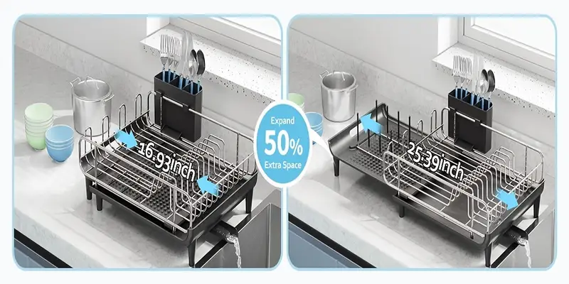 1pc expandable dish drying rack stainless steel dish drainer with cup utensil holder collapsible countertop dish rack with pan pot holder metal dish strainer for kitchen counter food contact safe no electricity needed ideal for christmas halloween easter thanksgiving valentines day Product details 3