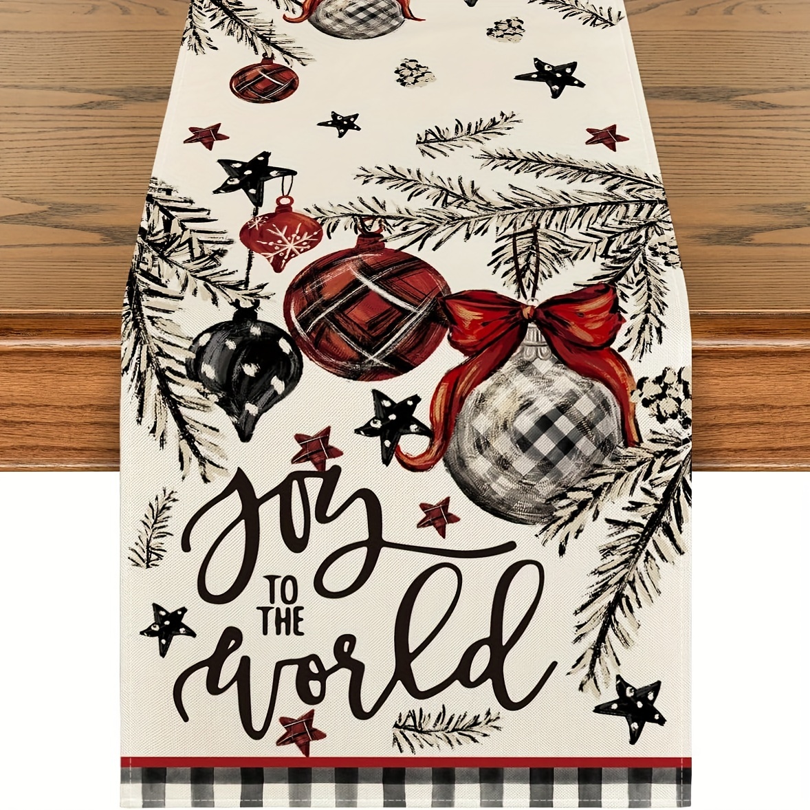 TEMU 1pc, Black Xmas Balls Pine Poinsettia Christmas Table Runner, Star Winter Kitchen Dining Table Decoration For Home Party Decor 13 X 36, 13 X 48,