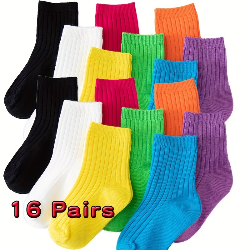 

8/16 Pairs Of Toddler's Solid Candy Colored Crew Socks, Soft Comfy Striped Style Children's Socks For Boys Girls All Seasons Wearing