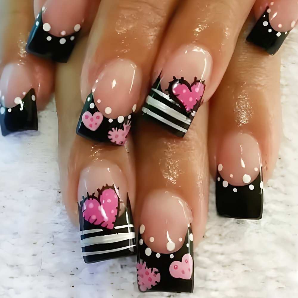 

24pcs/set Press-on Nail Set, Nude & Medium Length, , With Heart & Polka Dot Patterns, Full Cover Artificial Nails With Transparent Jelly Adhesive & Nail File, For Valentine's Day &