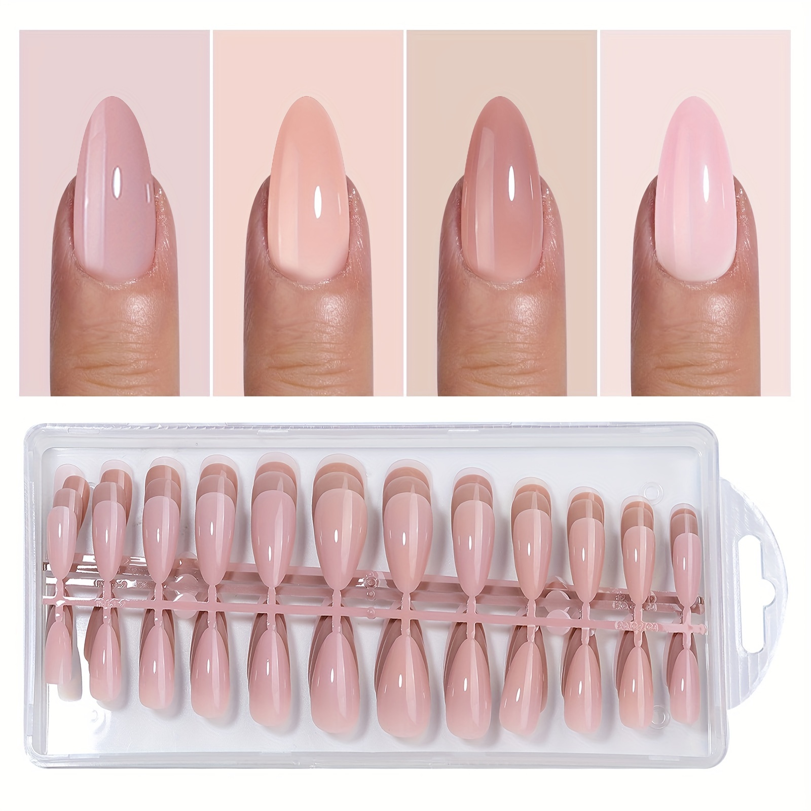 TEMU 96pcs Nude Almond False Nails Set, Wearable Pre-designed Fake Nail Art Tips For Salon & Diy Manicure, Acrylic Press On Nails With Adhesive Tabs And Case