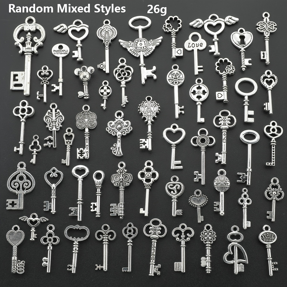 TEMU 25 Stück (26G) / 50 Stück (52G) Zufällige Mischung Schlüsselform Anhänger Legierung Herz Muster Charms Hohles Muster Anhänger Totenkopf Muster