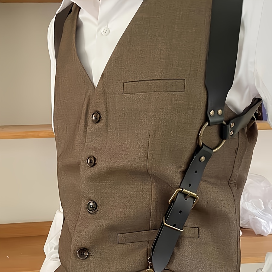 [Adjustable Punk Style Leather Suspenders] Men's Punk Style Faux Leather Suspenders - Adjustable, Solid Color Body Chest Harness for Suits & Shirts