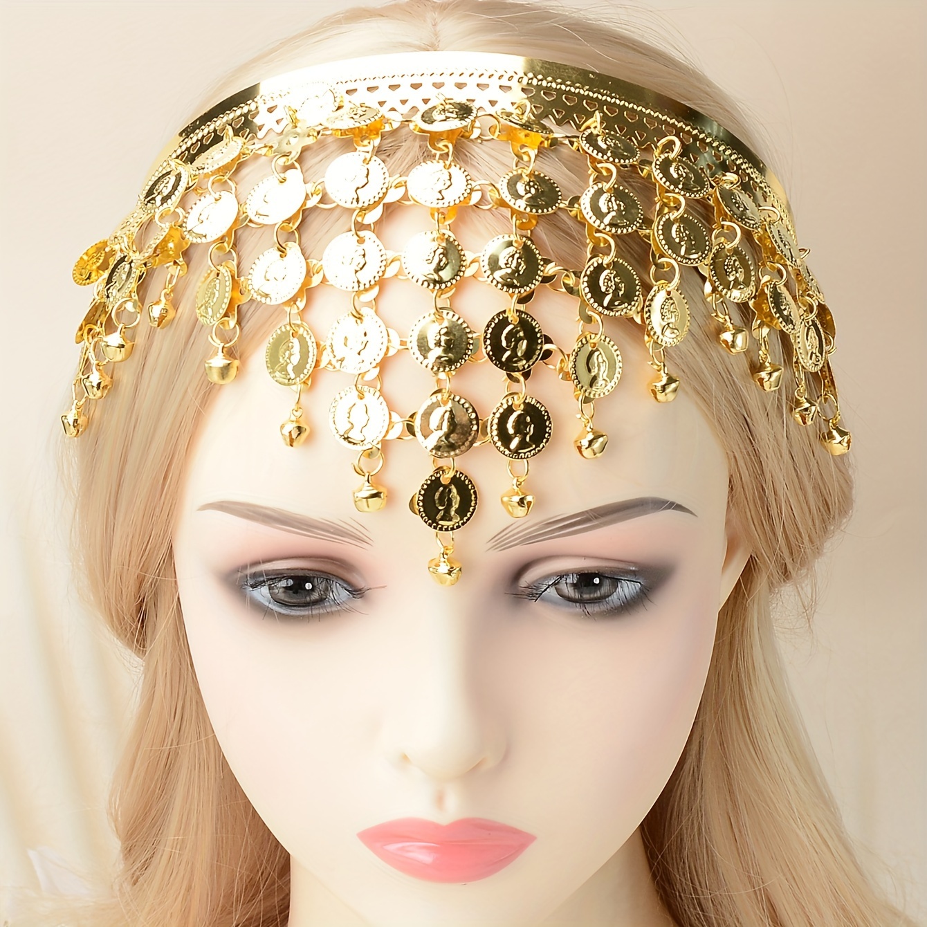 

Golden Coin Bell Tassel Headpiece, Middle Eastern Wealth Style, Metal Discs Ethnic Headwear, Festive Costume Accessory For Cultural Events & Celebrations