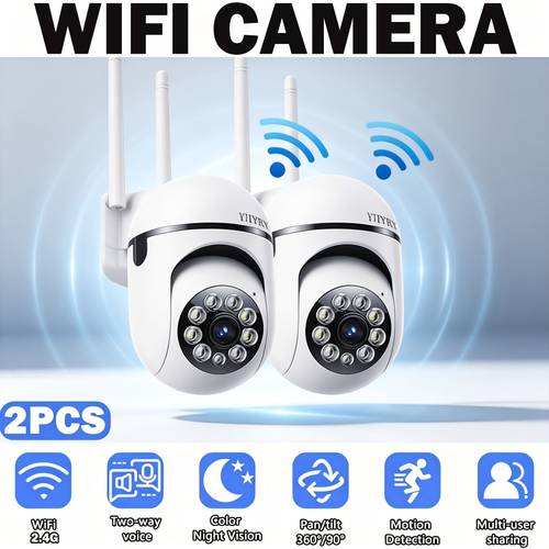 imagen del artículo (2 piezas) cámaras de vigilancia de seguridad para el hogar, cámaras wifi inteligentes, intercomunicador de voz bidireccional, visión nocturna a color, reproducción de video, seguimiento de movimiento, alertas automáticas, compartición multiusuario, lente de 360°/90° con pan/ . admite tarjetas de memoria y almacenamiento en