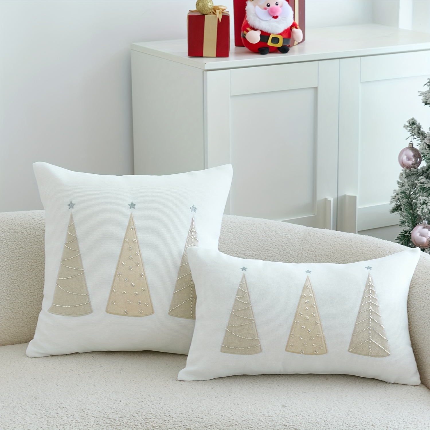 

Christmas Tree Embroidered Linen Pillowcase With Beaded Applique - Sofa, Living Room & Bedroom Decor