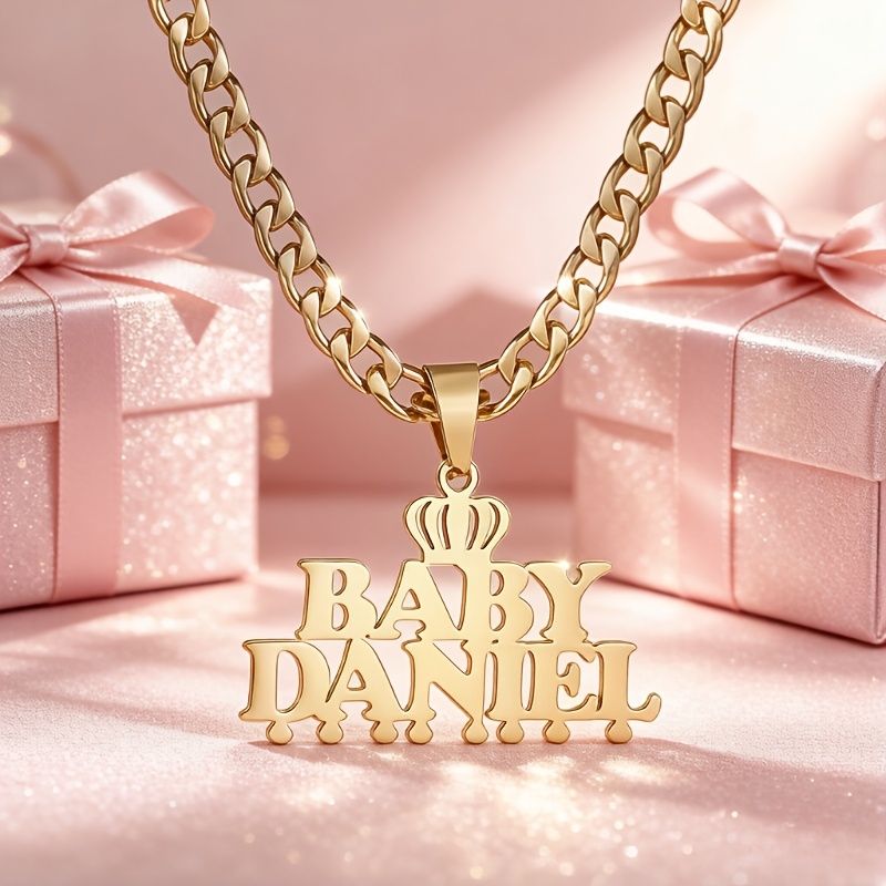 TEMU Custom Double Names Necklace With Crown Personalized Stainless Steel Cuban Chain Letter Necklace With Crown Pendant Perfect For Weddings, &