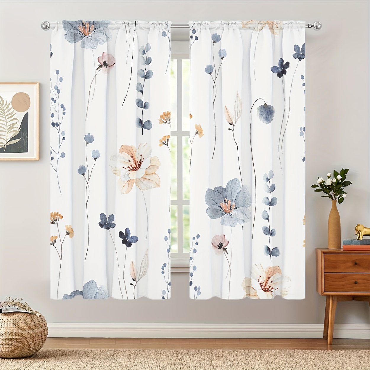 

2pcs Floral Print Curtains, Rod Pocket Decorative Window Drapes, Window Treatments For Bedroom Living Room, Home Decoration, Room Decoration