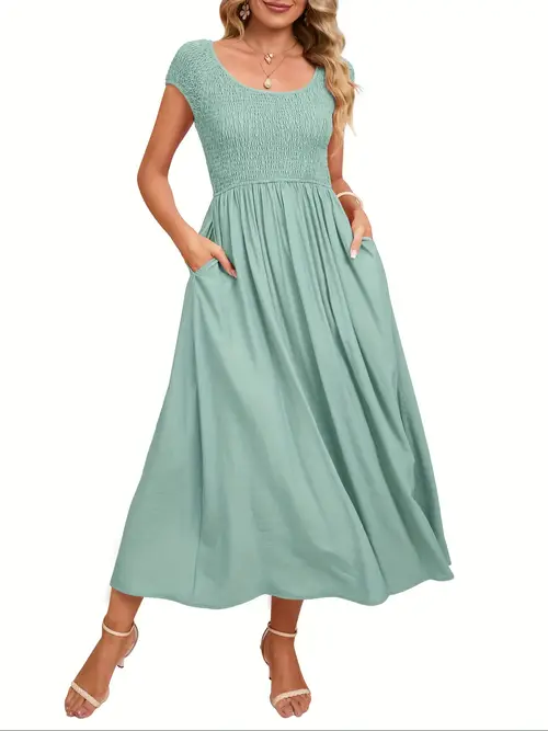 solid shirred crew neck dress casual short sleeve patch pockets dress for spring summer womens clothing