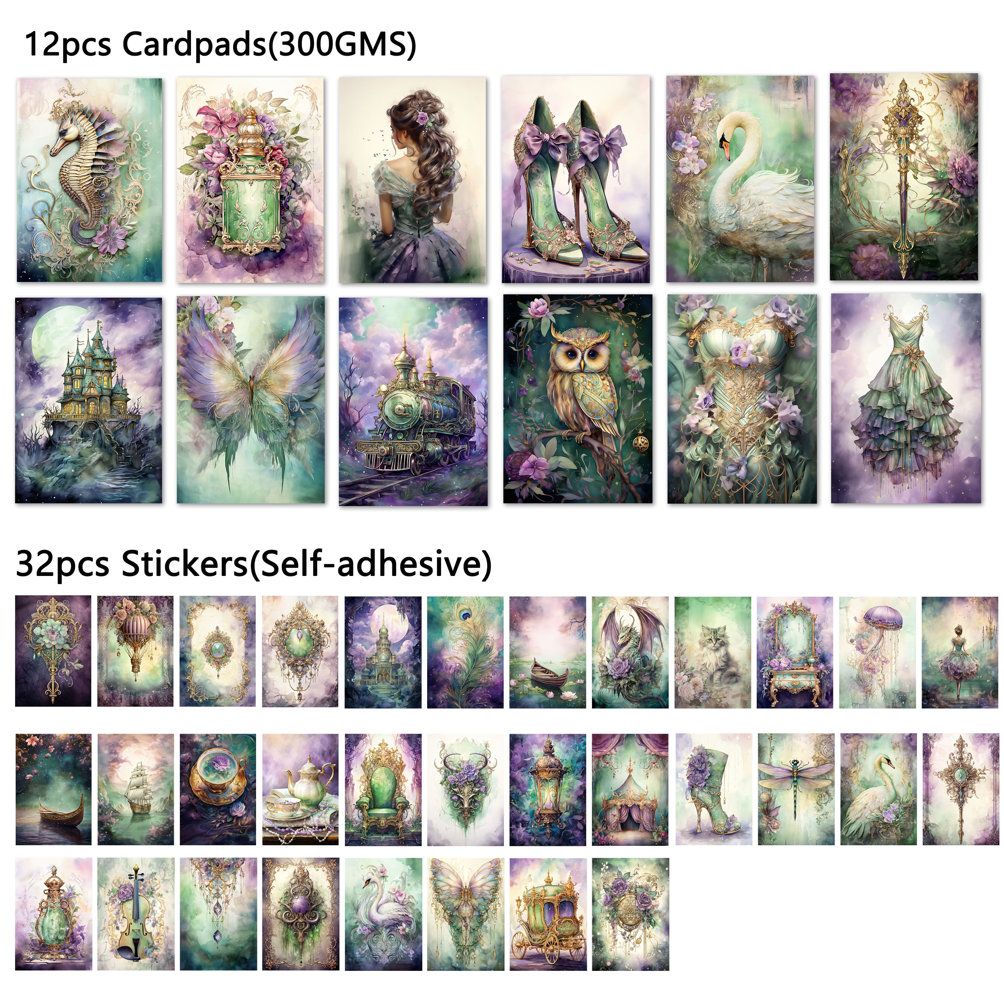 Jai Iman 44pcs Vintage Fantasy Journaling Set - 300gsm Paper, Includes 12 Cards & 32 Stickers, Ideal For Crafts, Scrapbooking, Greeting Cards, Artistic Designs, Journaling Accessories