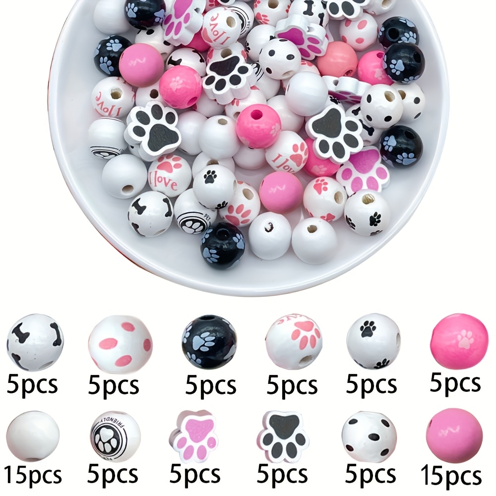 Image of 80pcs Pink And Black Cat Scratch And Dog Paw Shape Wooden Beads 16mm Straight Hole Printed Round Beads Diy Bracelet Keychain Decoration Pendant Creative Handicrafts