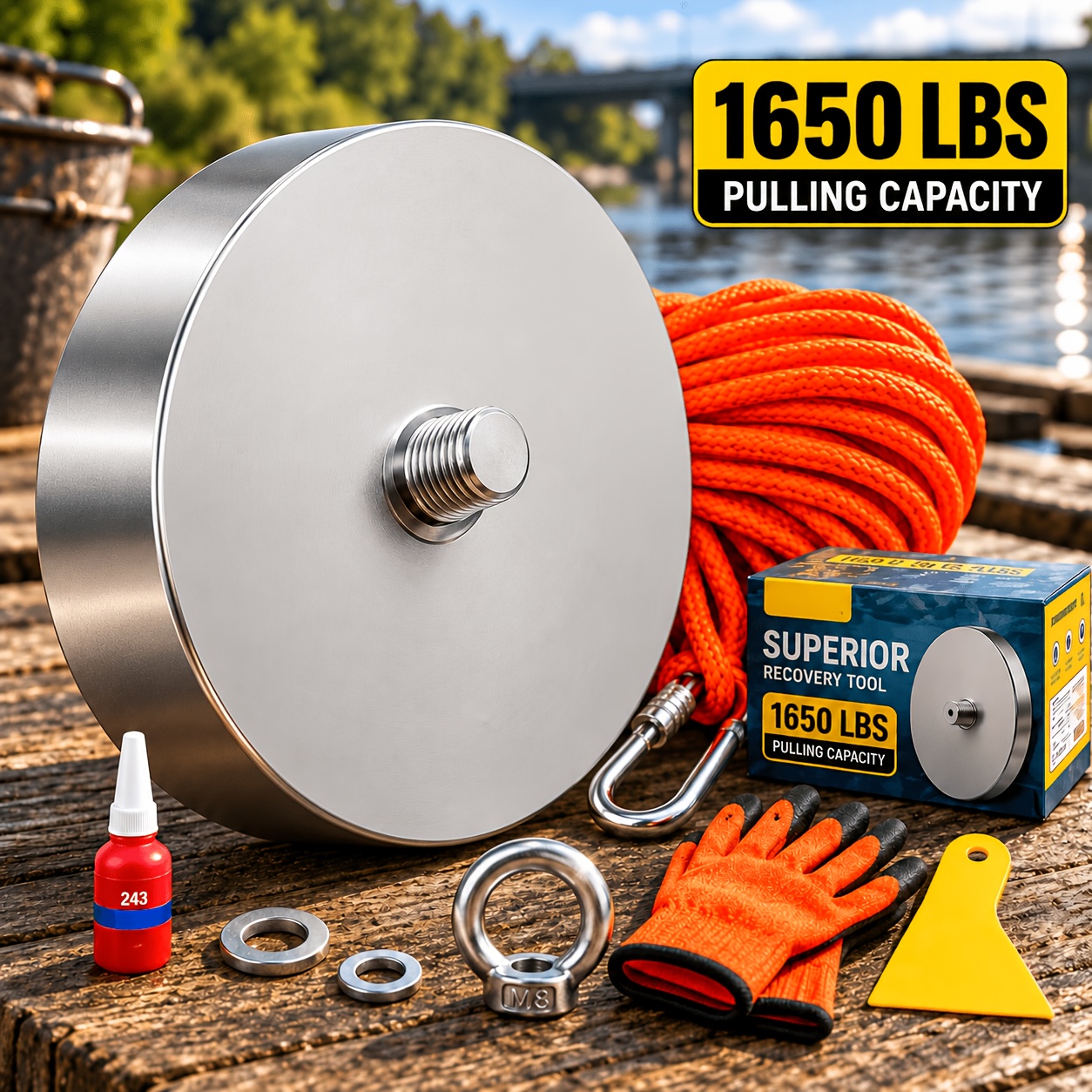 TEMU 1650lbs Fishing Magnet Kit, Heavy Duty Recovery Magnet Set With Carabiner, Gloves, Thread Locker And Additions For River, Lake, Dock, , , Metal