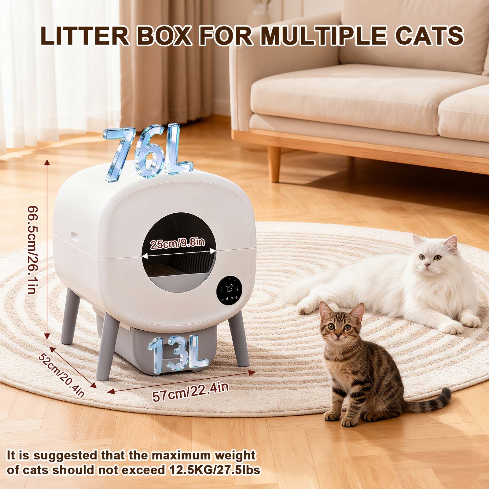 Image of 69l Large Capacity Toilet Compartment - 13l Storage Bin, Large Capacity Self-cleaning Litter Box, With 1 Roll Of Garbage Bags And A Cleaning Brush, White, Suitable For Indoor Large Cats And Kittens