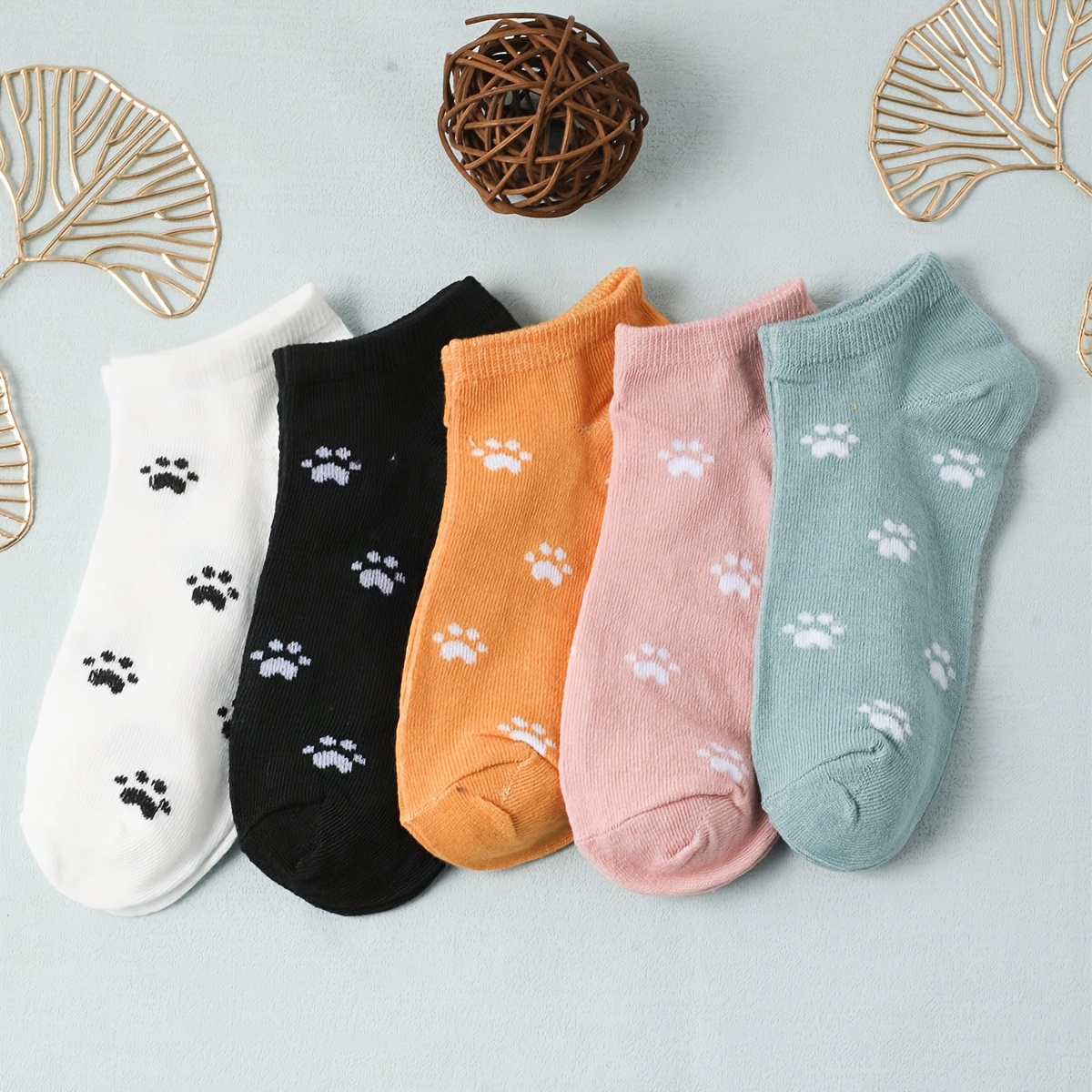 

5 Pairs Cute Paw Pattern Ankle Socks, Comfy & Breathable Short Socks, Women's Stockings & Hosiery