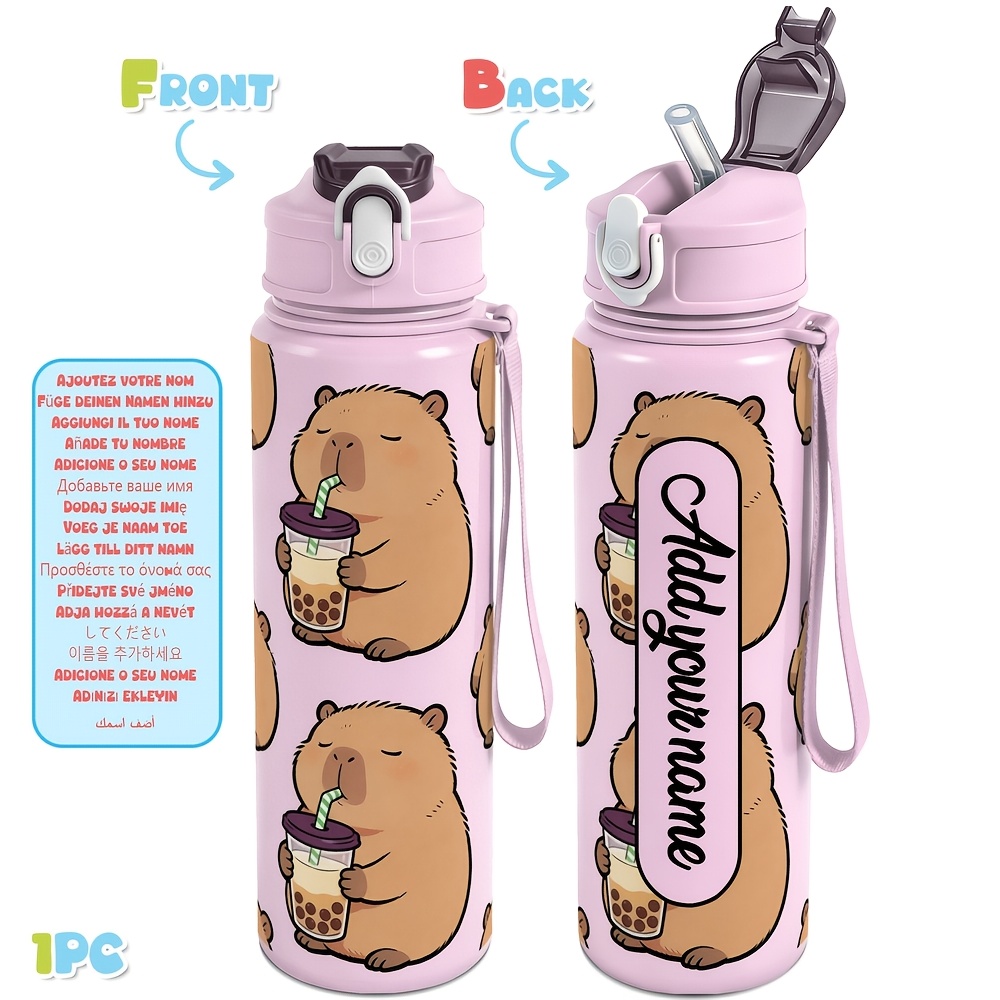 TEMU 1 pièce, Bouteille d'eau personnalisée 25 oz 750 ml -fuite avec nom personnalisé, Motif capybara et boba , Gobelet isotherme de sport pour salle
