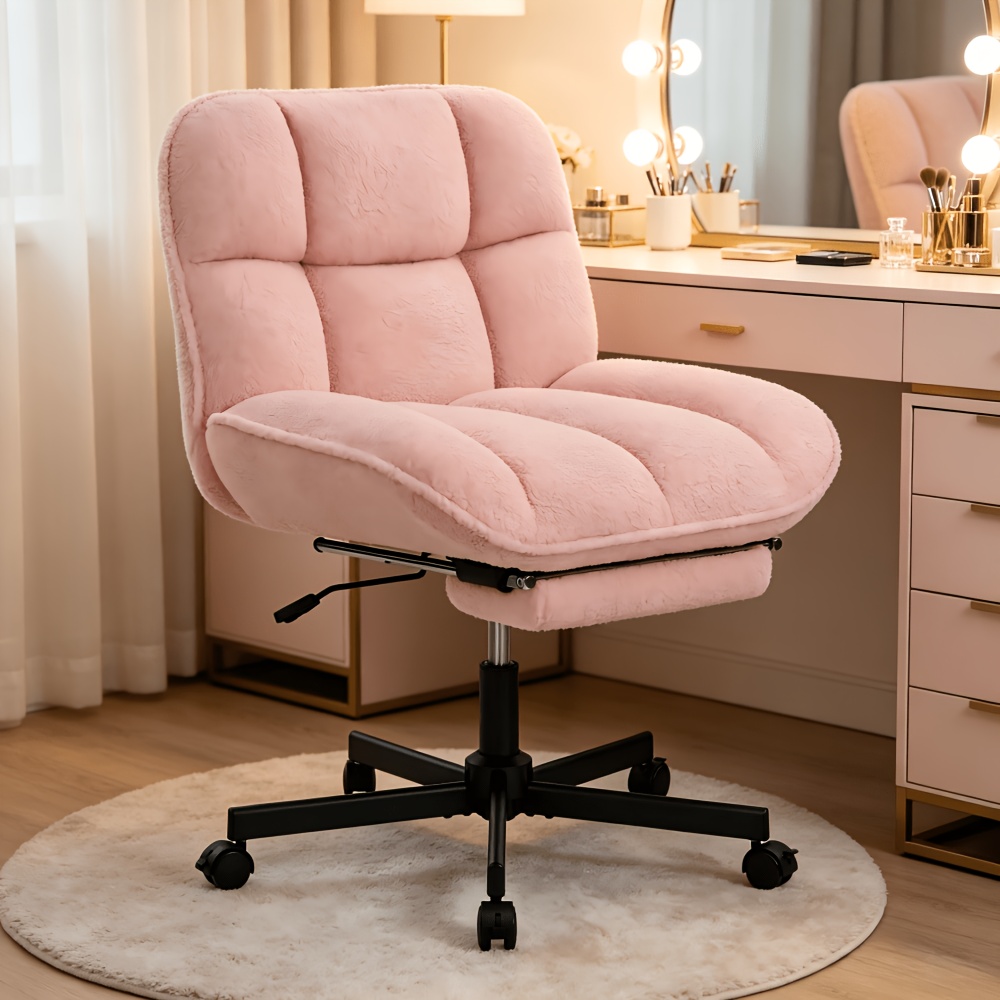 Vanity Chair with Footrest, Teddy Fleece Vanity Chair, Height Adjustable Swivel Desk Chair, 90°-120° Recline, with Wheels, for Bedroom, Home Office, Makeup