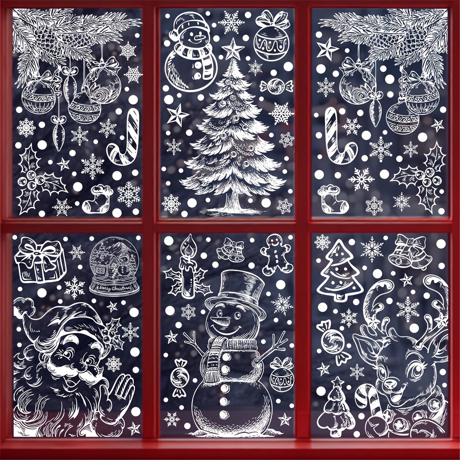 TEMU 6pcs Christmas Sketch Hand-drawn Static Cling Window Decals: Santa Claus, Snowman, Christmas Tree, Reindeer, Snowflake Glass Stickers.