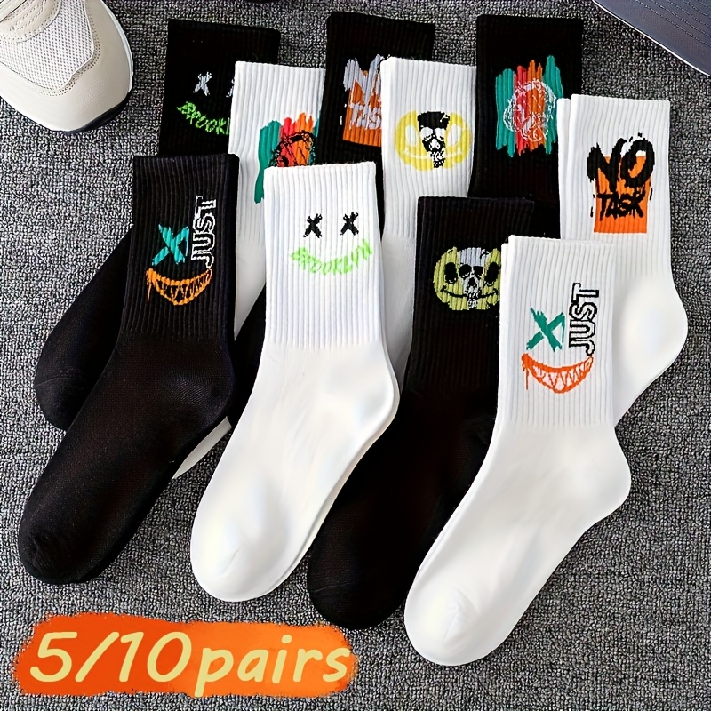 5 Pairs/10 Pairs Multi-Size Men's Socks Black and White Long Tube High-Cut Versatile Student Style Autumn/Winter Sports Socks