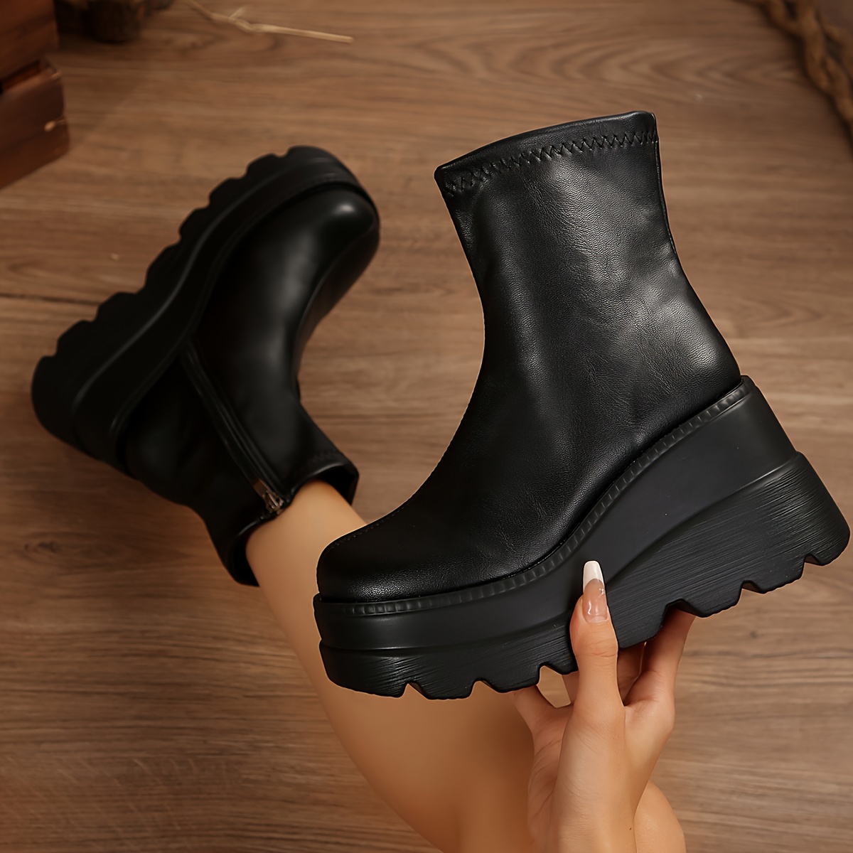 

Women' Ankle Booties - Platform Heel, Round Toe, Zip Closure, Solid Color, , European , , Fabric Lined, , Upper, Heel