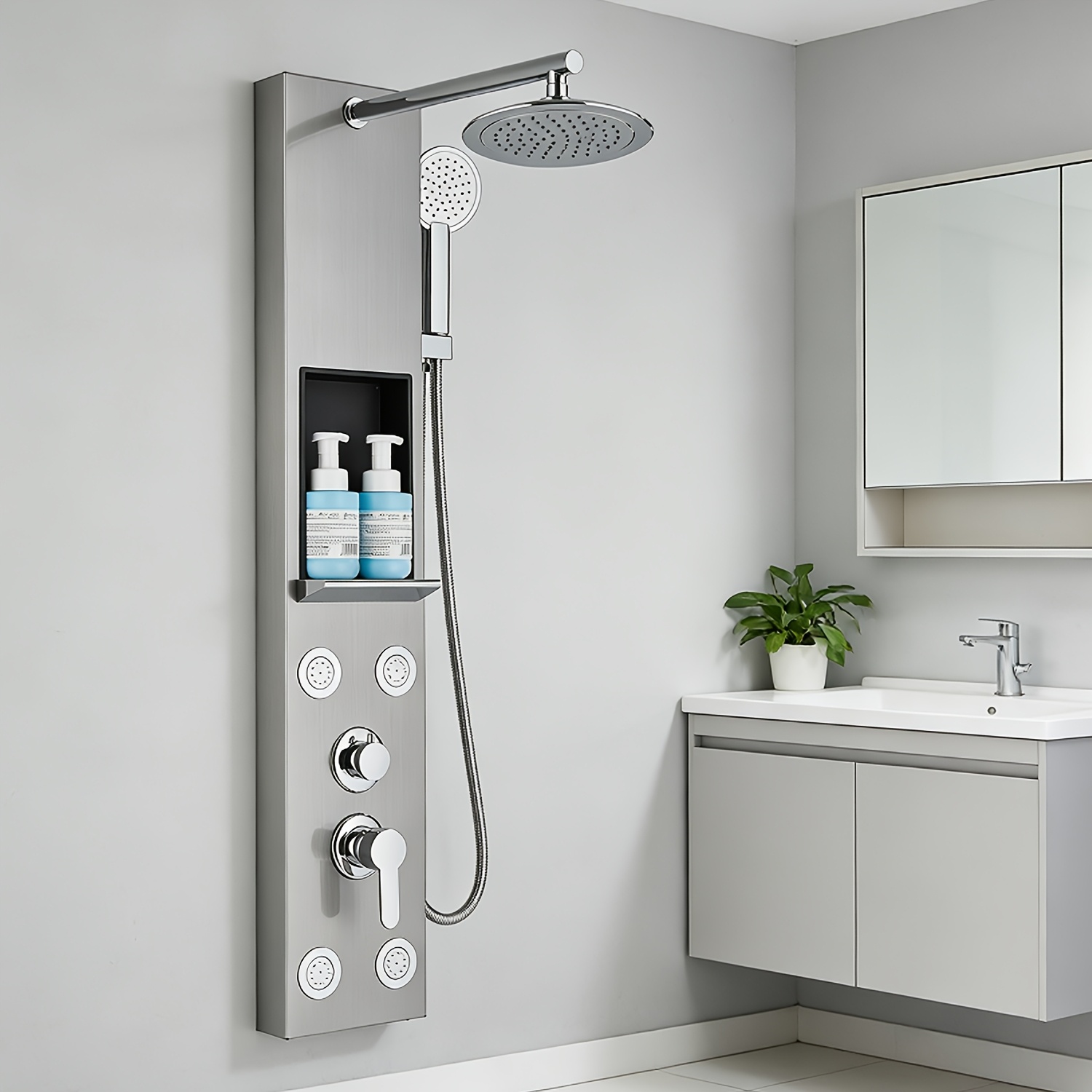 Image of 3-in-1 Shower Panel With Shelf And Height Adjustment 20cm Round Shower Column With 4 Body Handheld Shower System Shower Panel, Massage Shower Panel Set