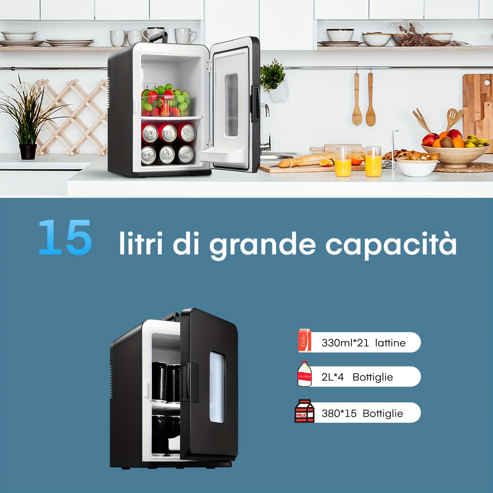 Mini Fridge 15 Liter/21 Cans, AC+DC Power Small Fridge for Bedroom, Car, Office, Thermoelectric Cooler and Warmer Skincare Fridge for Food, Drinks, Cosmetics, Max & ECO Mode, Black