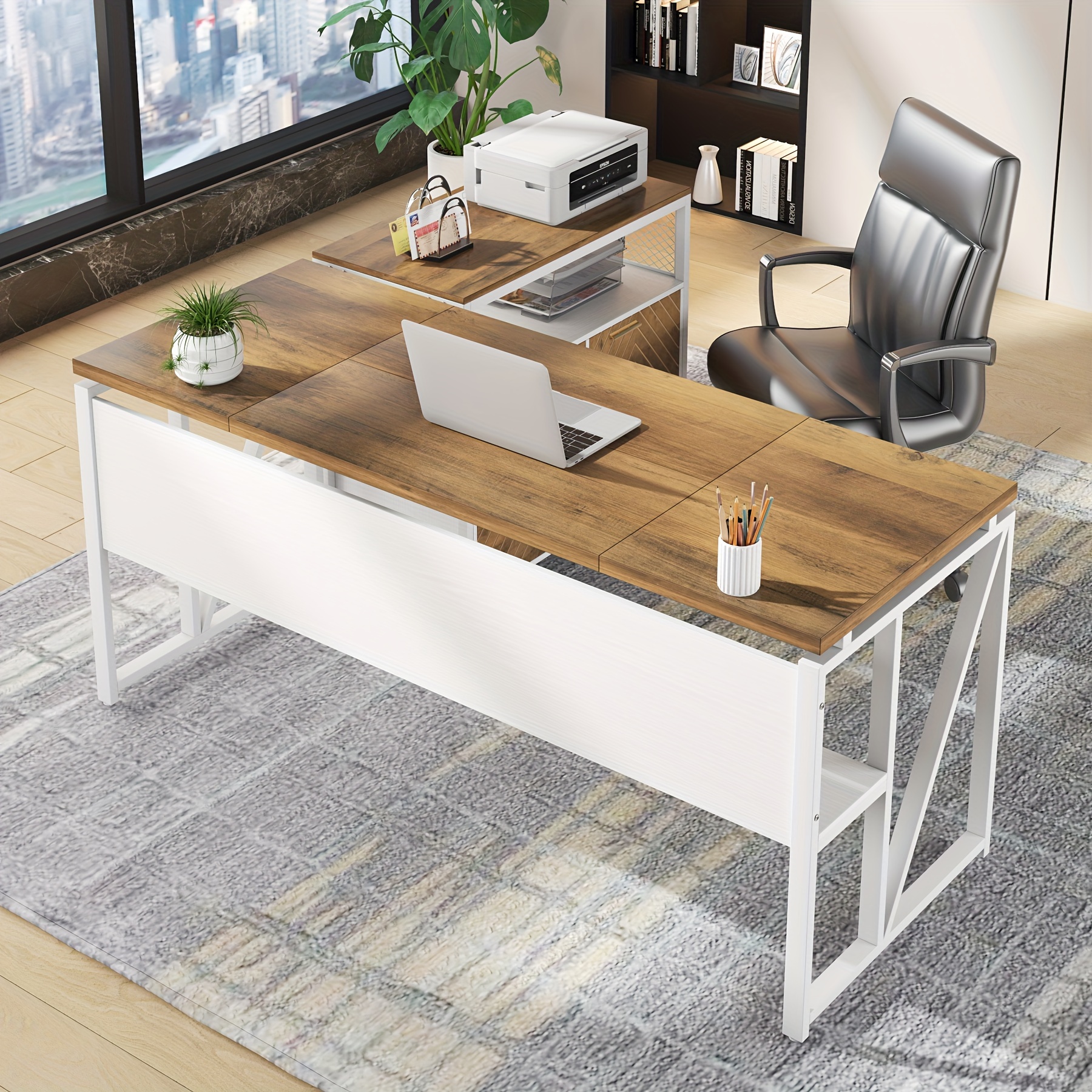 

Little Tree Office Desk With Drawers, 63 Inches L Shaped Computer Desk With Storage Shelves And Mobile File Cabinet, Executive Desk For Home Office Furniture Sets