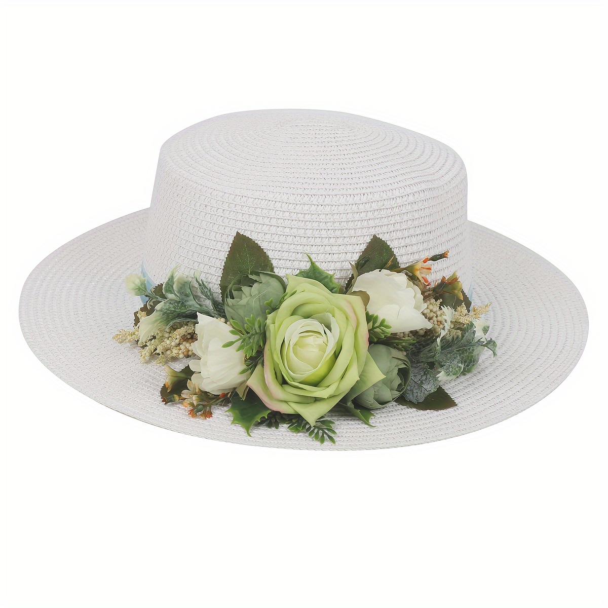 2d Flat - Ladies Handmade Floral Flat Straw Hat Solid Color Beach Sun Hat
