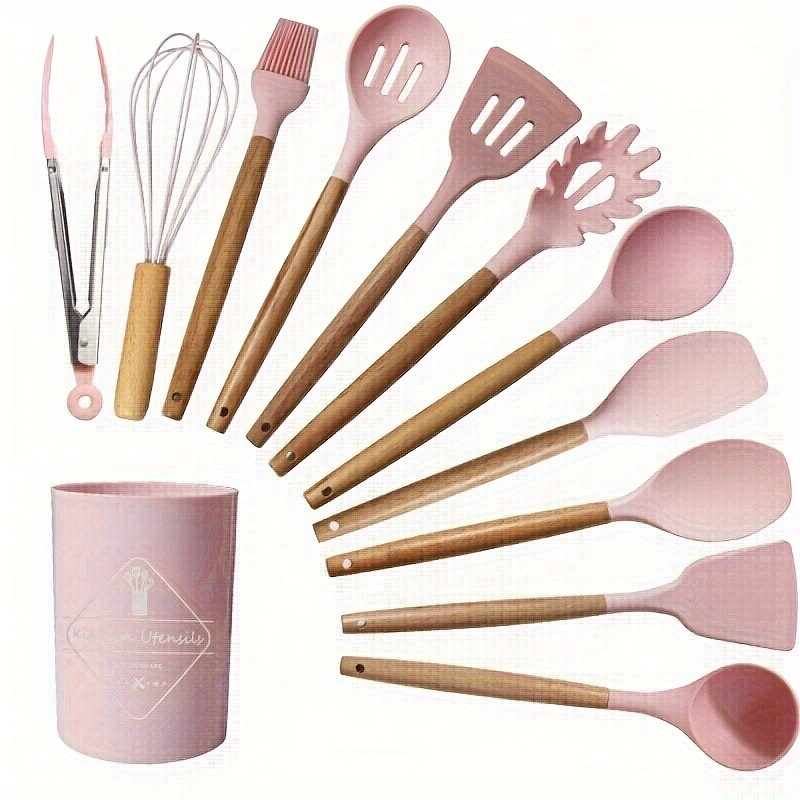 TEMU Wooden Handle Silicone Kitchenware Storage Bucket Silicone Kitchenware 12 Piece Set Silicone Spatula Kitchen Utensils