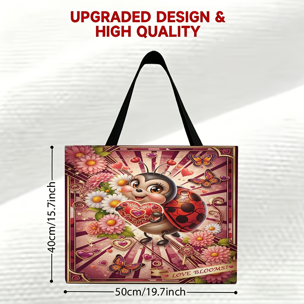 TEMU Ladybug And Floral Tote Bag - Large Capacity, Durable, Preferred Bag Style Handbag, Suitable For Travel, Shopping, And Parties - Fashionable And