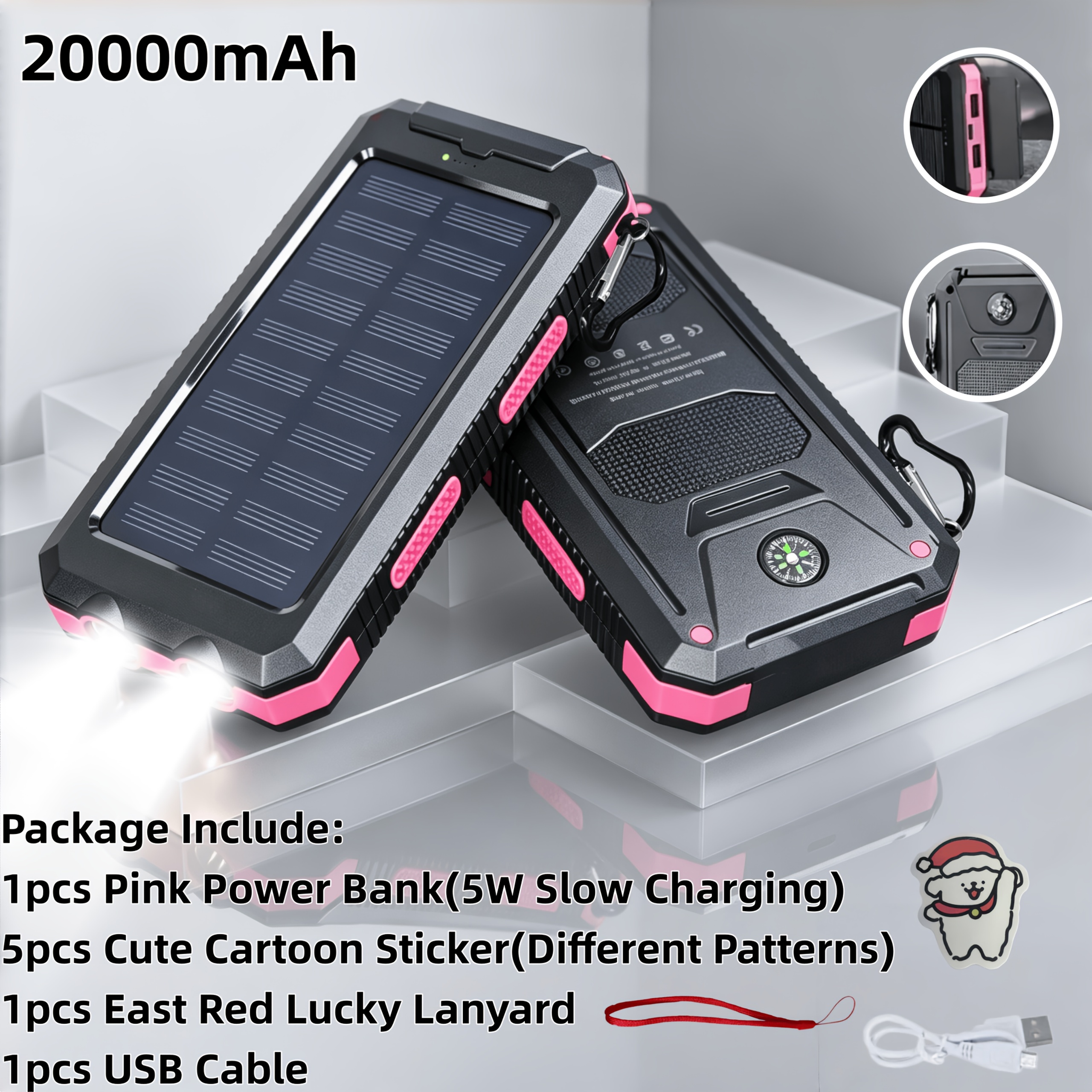 TEMU 20000mah 5w/15w Charging Solar Power Bank With Led Flashlight, Large Capacity Portable Phone Charger, Dual Usb & Type-c , Outdoor Travel Battery