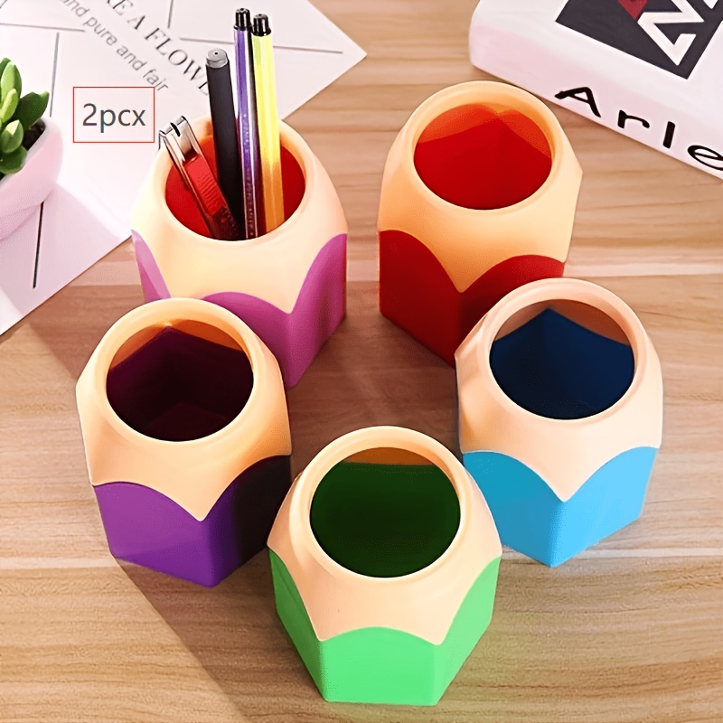 TEMU 2pcs Random Color Cute Pe Plastic Pencil Holder, Light- . Multi-functional Stationery Organizer, Suitable For Desks, Classrooms, And Home Decor