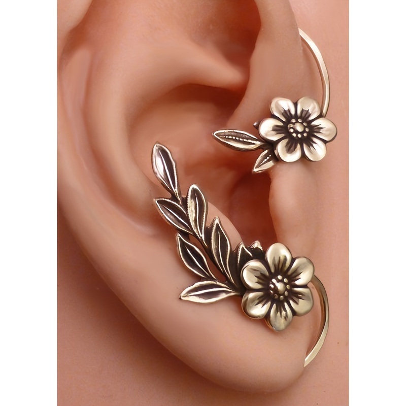 

1 Ear Hook And 1 Ear Stud Retro Plant Flower Ear Hook Earrings Female Personality Creative Spirit Ear Bone Clip