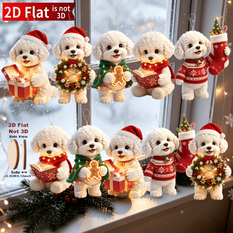 TEMU 2d Flat, 10pcs Christmas Small Bichon Frise, Wall-mounted Holiday Decor, Christmas Tree Ornaments, Suitable For Home, Ideal For Christmas,