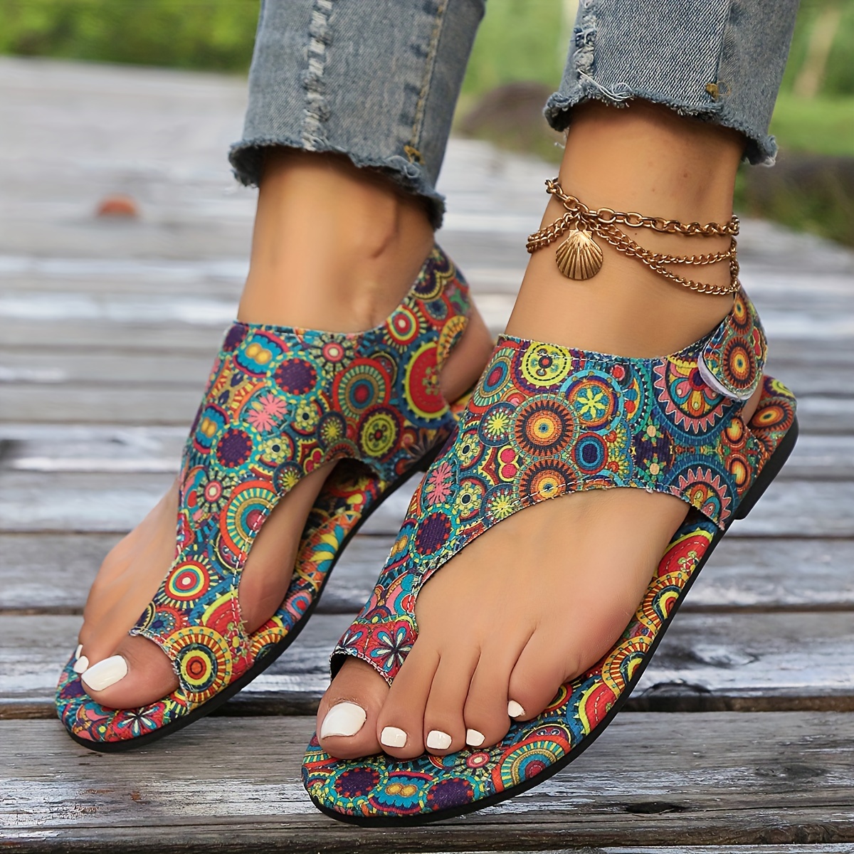 boho chic womens floral flat sandals with hook and loop fastener closure open toe summer fashion slides details 2