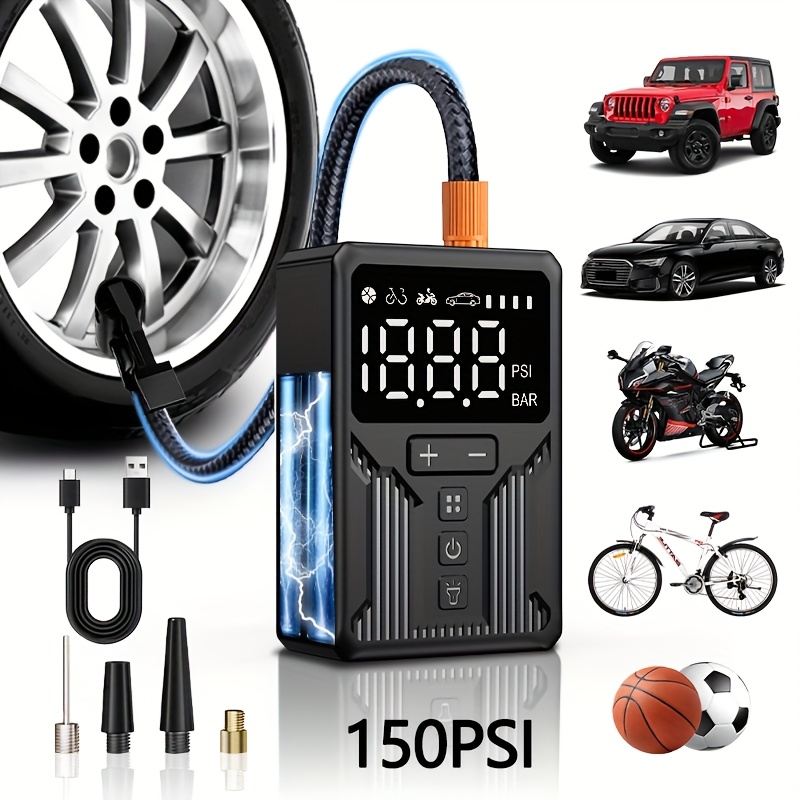 TEMU Gonfleur de Pneus de Voiture - Compresseur d'Air Portable 160PSI, Gonfleur Fil Portable, Batterie, Manomètre Numérique, Lumière LED, Gonflage