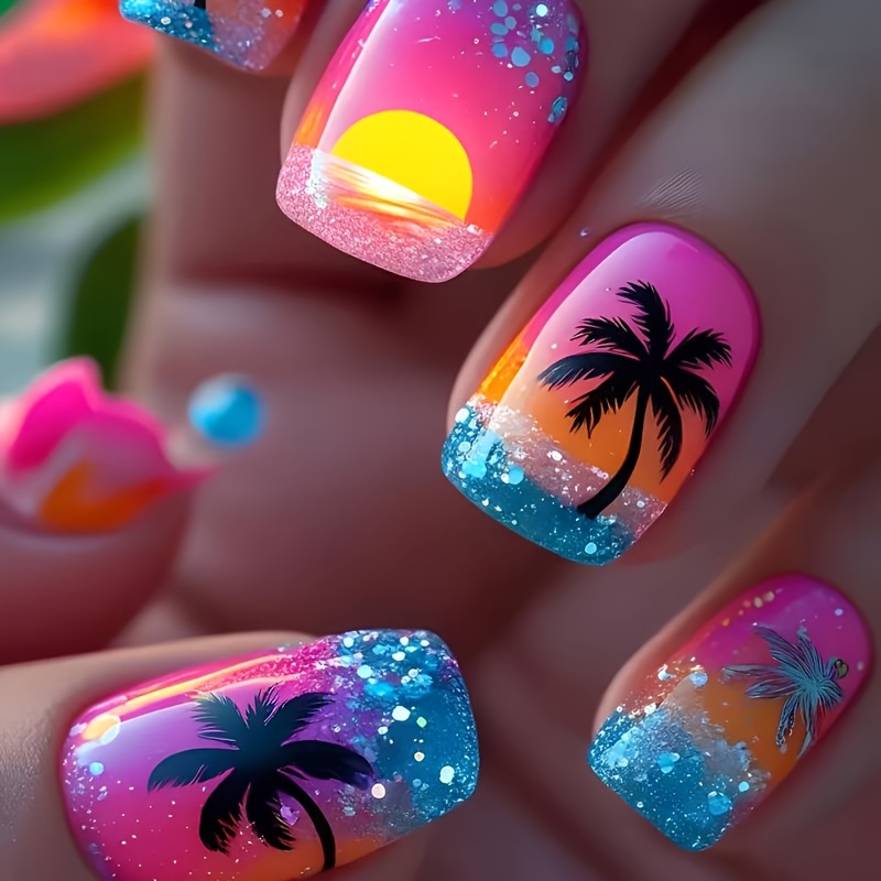 24pcs Of Removable Nail Art In Opp Bags Featuring A Summer Sunset And Palm