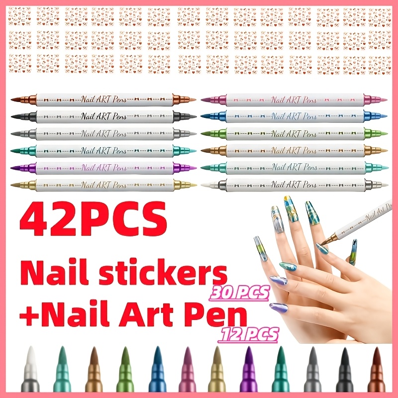 TEMU 42pcs (12 Colors Double Ended 3d Nail Art Markers Pens+ 30pcs Nail Stickers Set) | Metallic Nail Pens, Graffiti Dotting Drawing Painting Liner