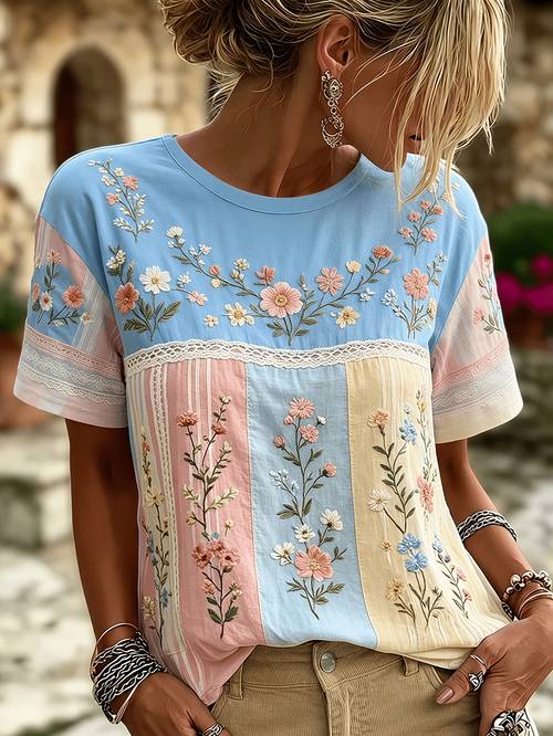 item picture macaron colorblock t shirt for women bohemian style with lace round neck short sleeves forest inspired fresh and loose fitting top