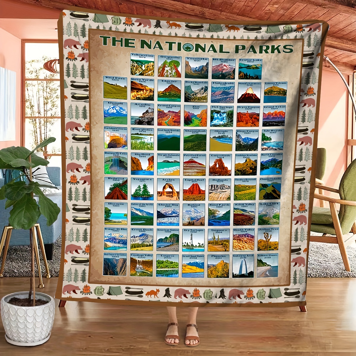 

1pc Gift Blanket For Friends National Park Creative Stitching Pattern Soft Blanket Flannel Blanket For Couch Sofa Office Bed Camping Travel, Multi-purpose Gift Blanket For All Season