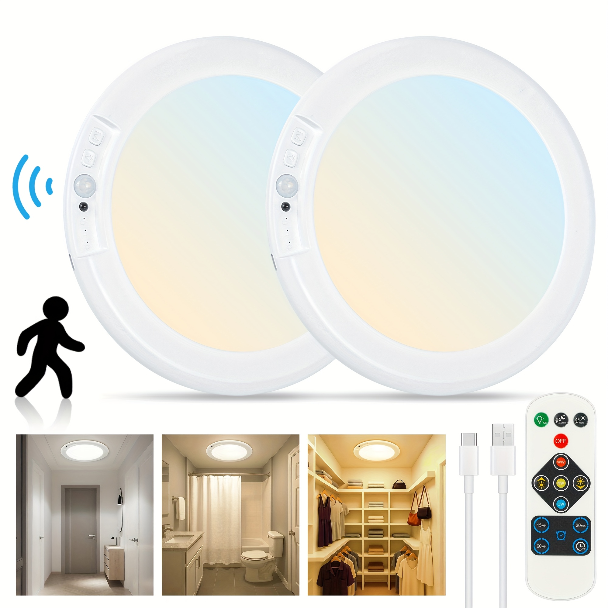 TEMU 2pcs Rechargeable Ceiling Light, No Wiring Battery Operated Ceiling Light With Remote, Motion Sensor Dimmable Timing Motion Activated Overhead Shower Light For Bathroom Pantry Hallway Porch