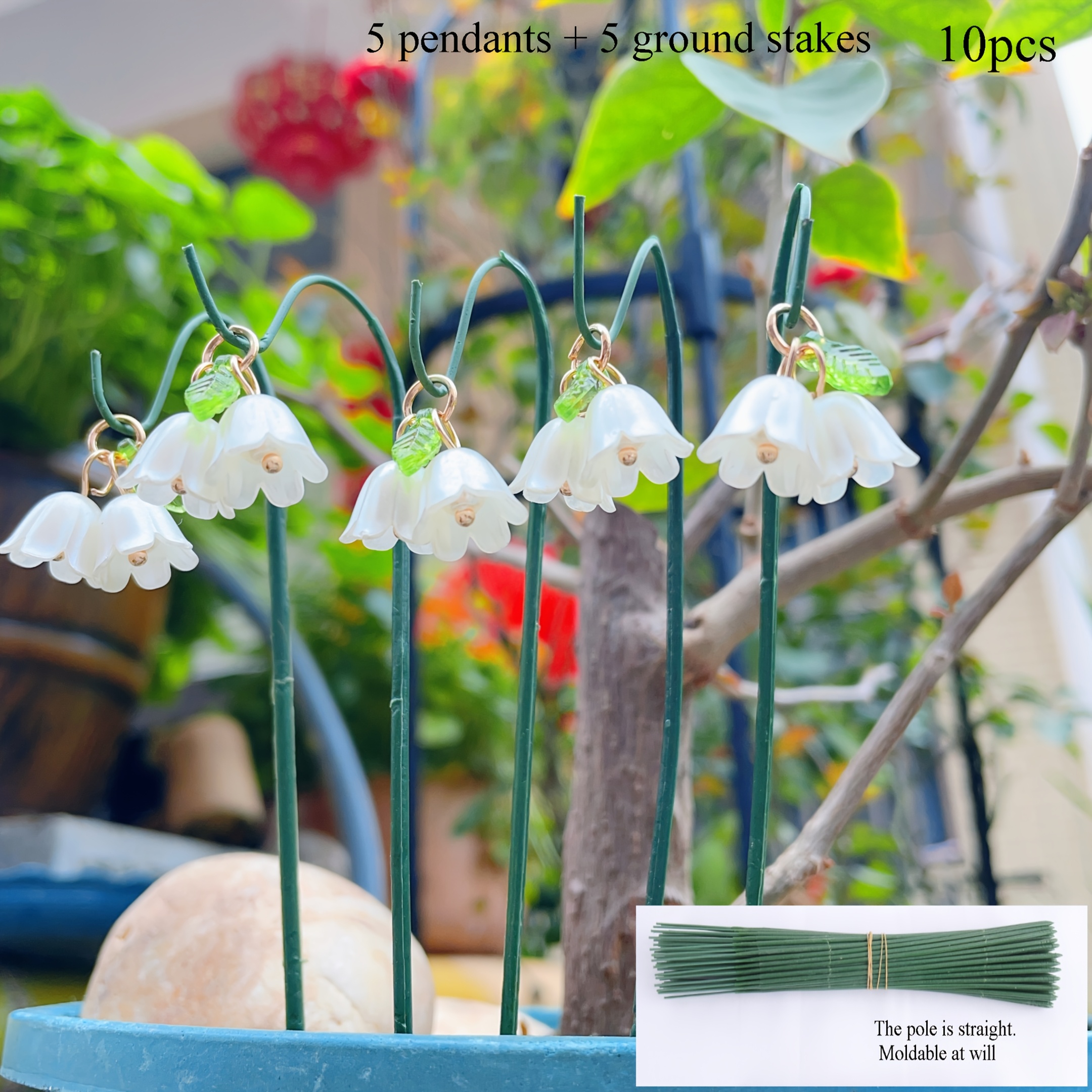 TEMU [3d] 10pcs Set Of Double Lily Of The Valley Flower Plant Stakes With Ground Stakes For Hanging Decor, Decoration For Flower Pots And Plant