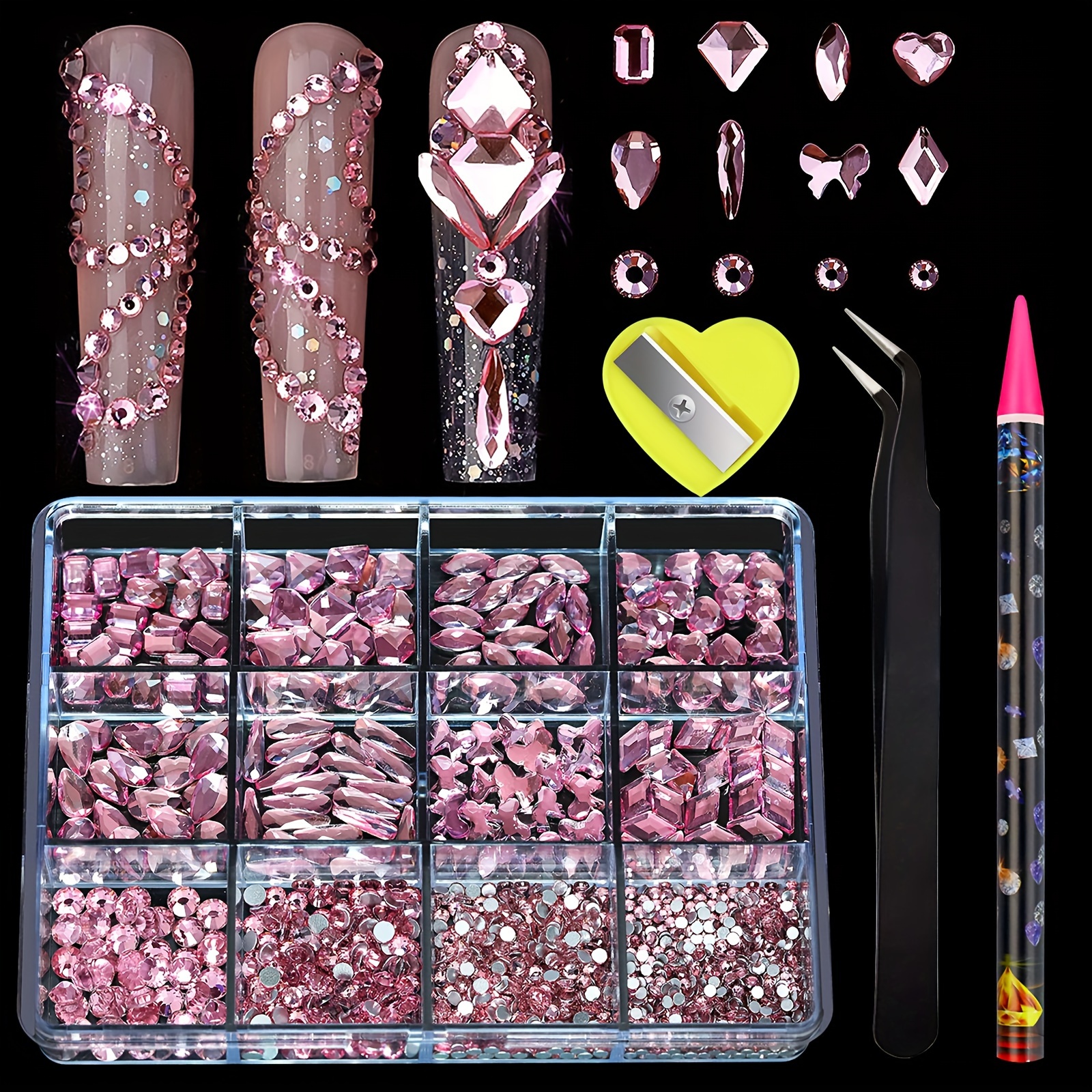 

Nail Art 12 Grids Nail Rhinestones Kit, Pink Flat Bottom & Irregular Shape Manicure Decoration Diy Nail Charms Nail Gems Nail Supplies