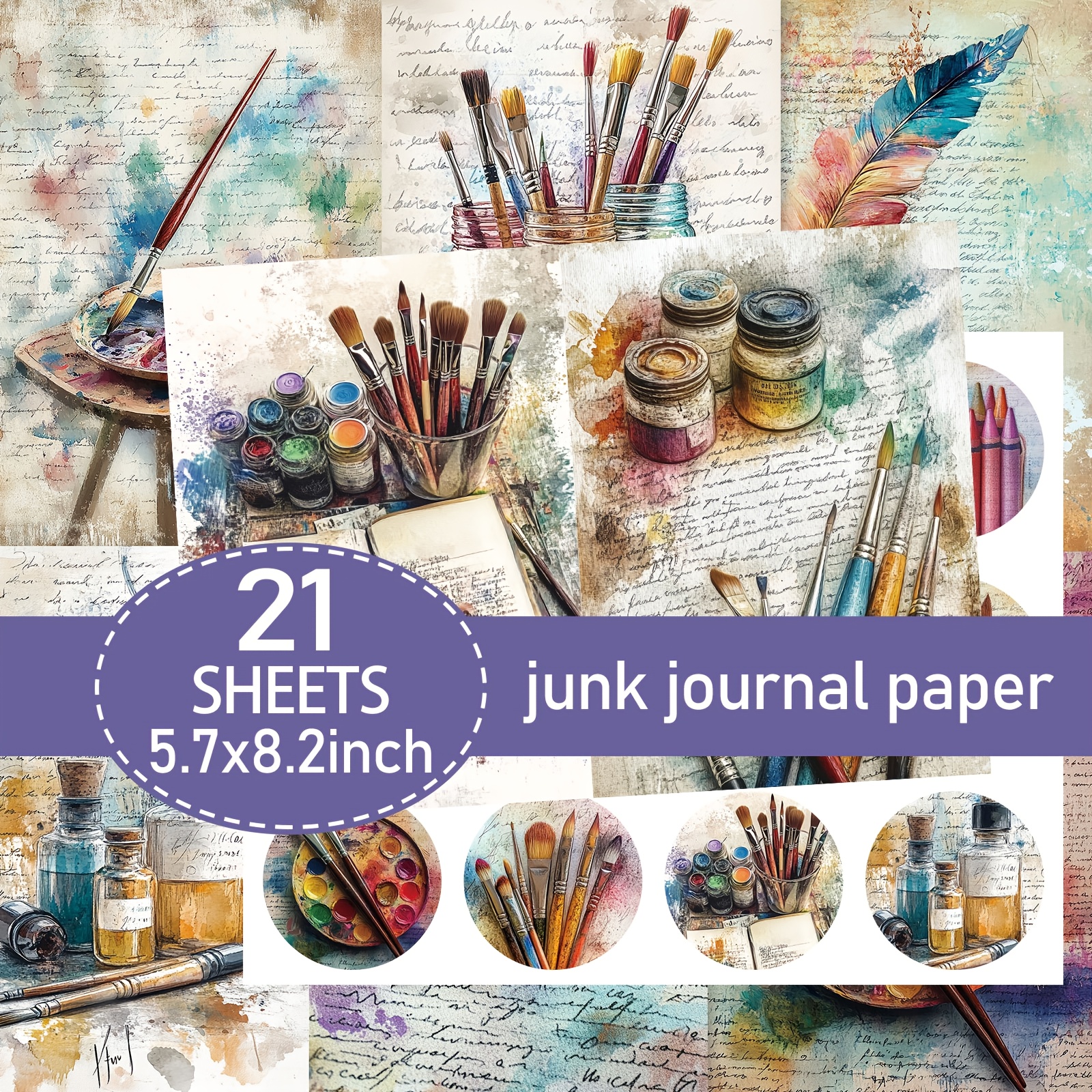TEMU Un lot de 21 feuilles (papier + autocollants) de papier A5 style coloré, papier journal de déchets cirque, papier décoratif pour journal de