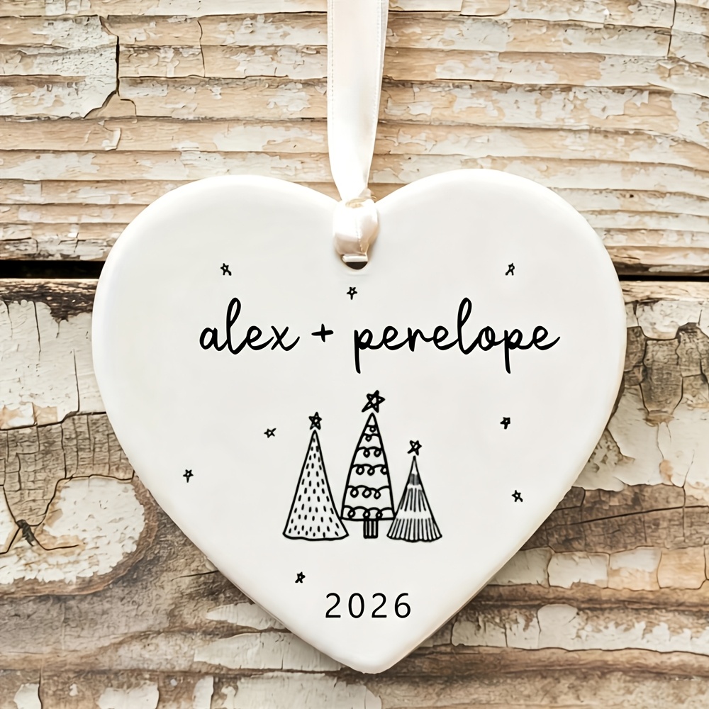 Image of [custom] 2026 Personalized Couple Name Ceramic Hanging Ornament, Smooth Round Porcelain With Art Xmas Tree Star Graphic, Custom Partner Names, Satin Ribbon For Tree, Car And Home Wall Decoration