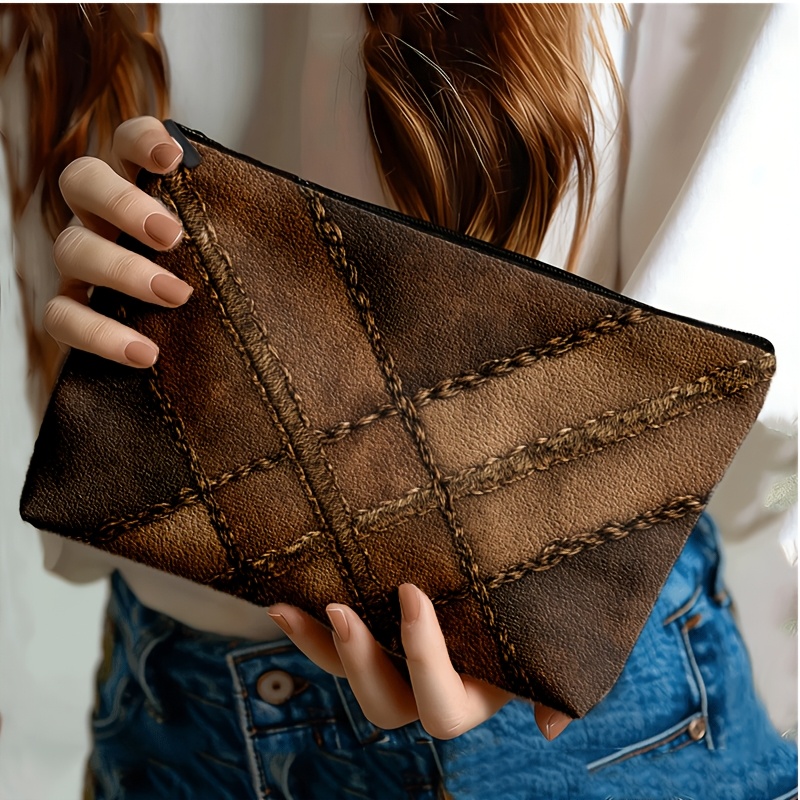 TEMU Bolsa de cosméticos/organizador de viaje con estampado de cara, estilo retro de trabajo, de costuras de marrón retro 2D, de cuero envejecido,
